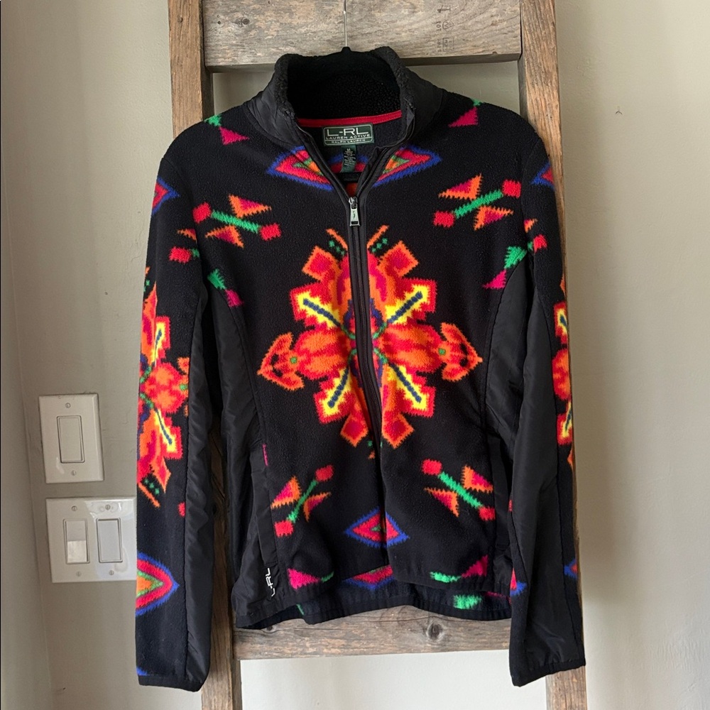 Lauren Ralph Lauren Women’s Sherpa Fleece Jacket Black Red Aztec Western